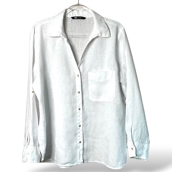 Zara Tops - ZARA 100% Linen Button Front Oversized Relaxed Shirt Roll Tab Sleeves US Sz XXL